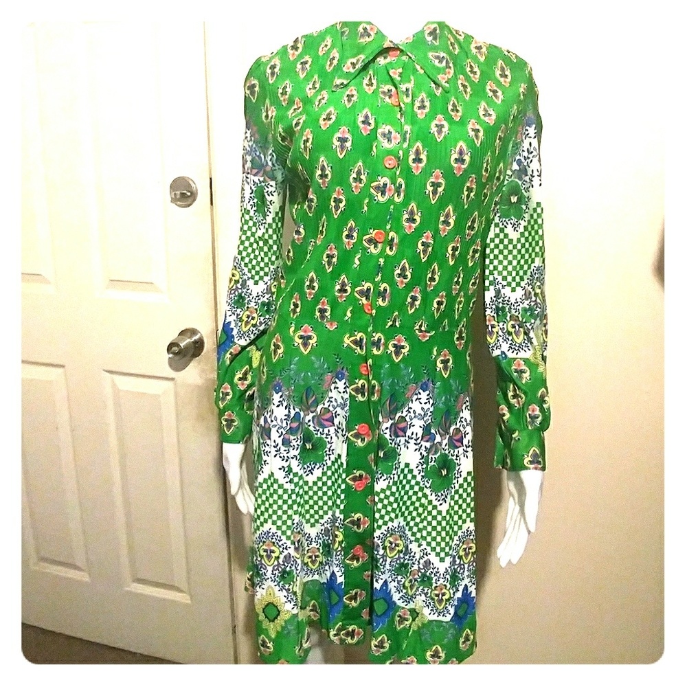Vintage green printed dress Sz 13